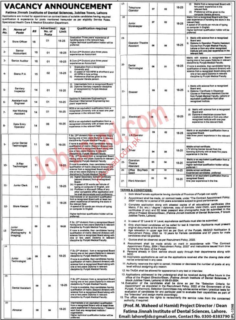 Fatima Jinnah Institute of Dental Sciences Jobs 2024