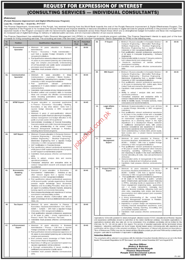 Finance Department Punjab Jobs In 2024 - Online Apply For Finance Department Punjab Jobs - JobUstad