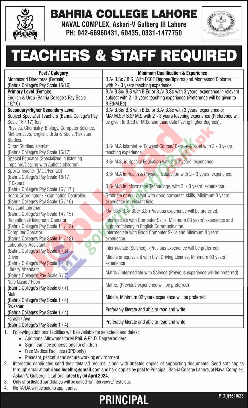 Bahria Coleg Lahore Jobs 204