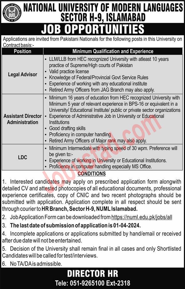 Latest NUML Jobs in Islamabad Campus March 2024