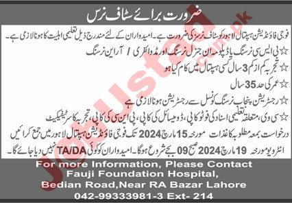Staff Nurse Vacancies In Fauji Foundation Hospital Lahore 2024