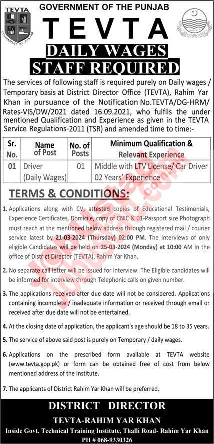 TEVTA Jobs in RY Khan March 2024