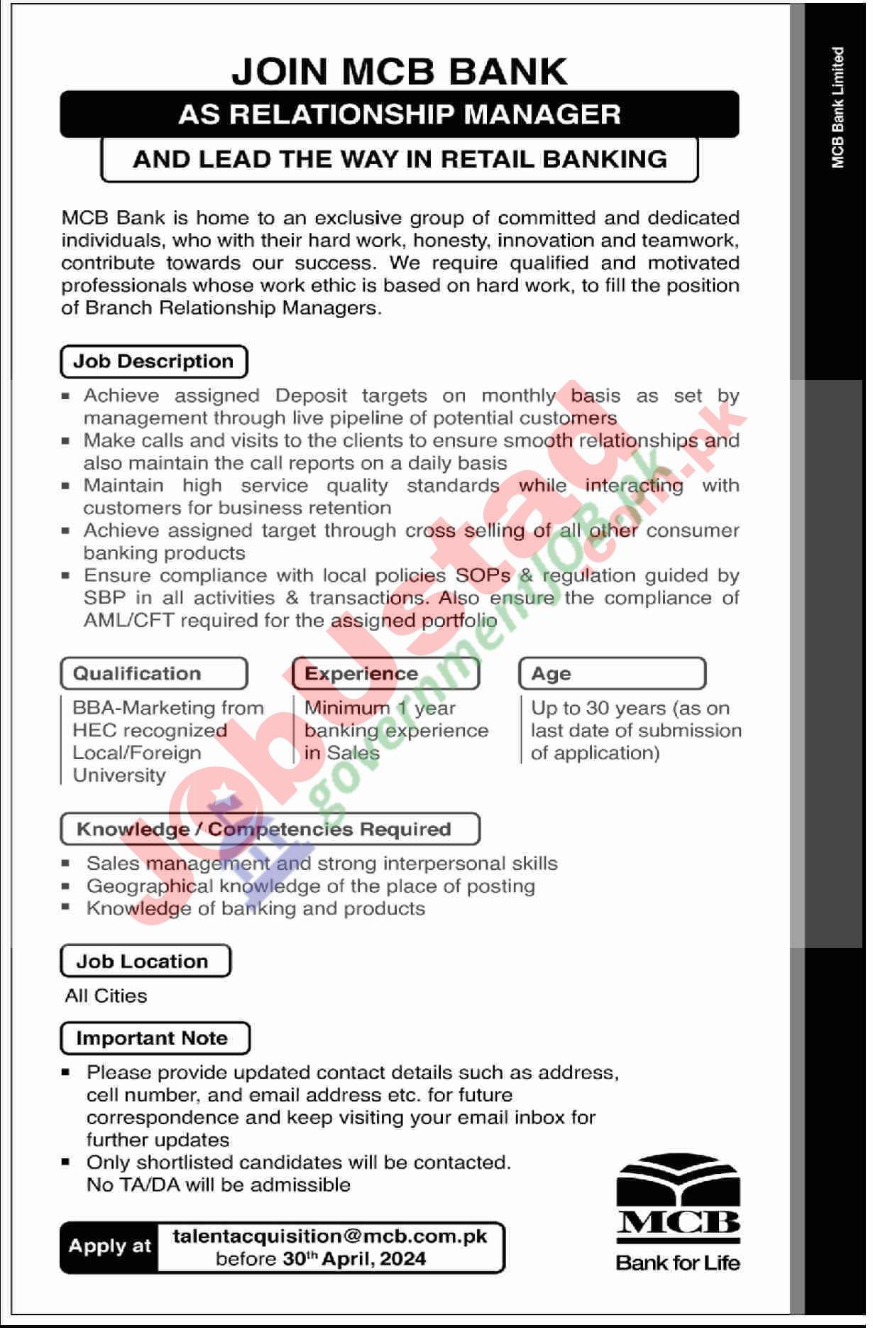 Relation Manager Jobs in MCB 1